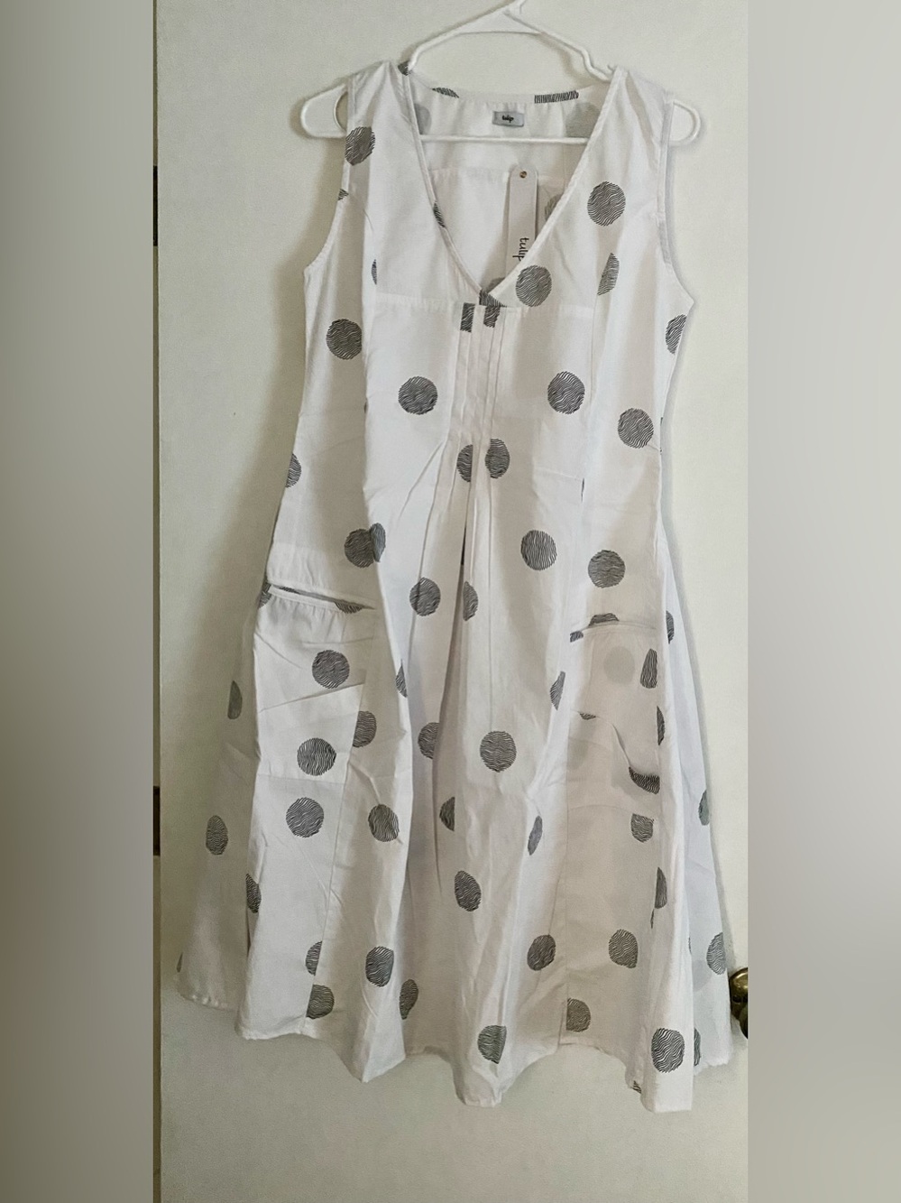 White Polka Dot A-Line Dress with Front Pleat
